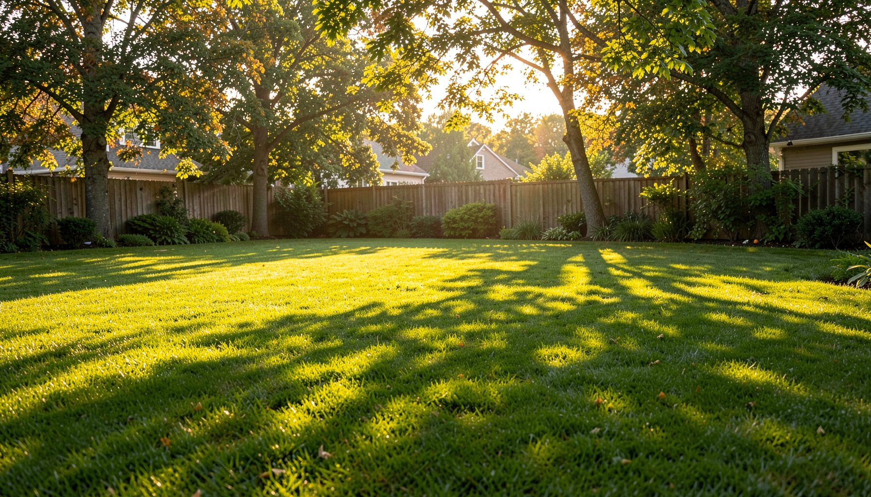 A sunlit green lawn stretching across a suburban backyard, with warm golden-hour light filtering through trees at the edges